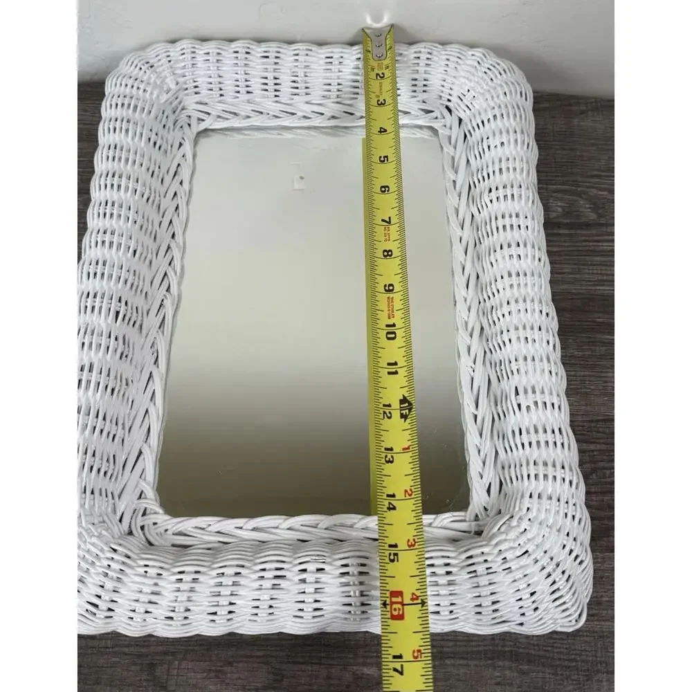 Vintage Boho White Wicker Wall Mirror Rectangle Cottagecore 16”x12” Hong Kong
